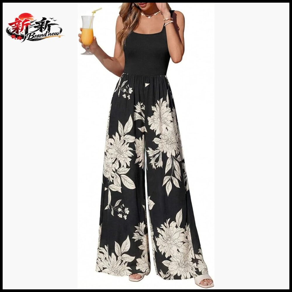Floral Wide Leg Jumpsuit With Scoop Neck And Side Pockets